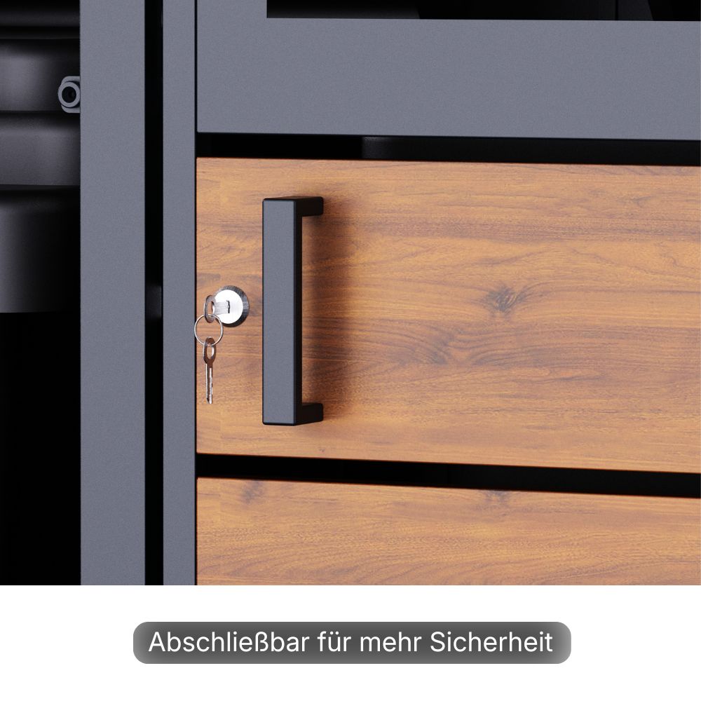 Abschließbare Tür der 4er Mülltonnenbox mit Schloss und Griff zum sicheren Verschließen der Mülltonnen.