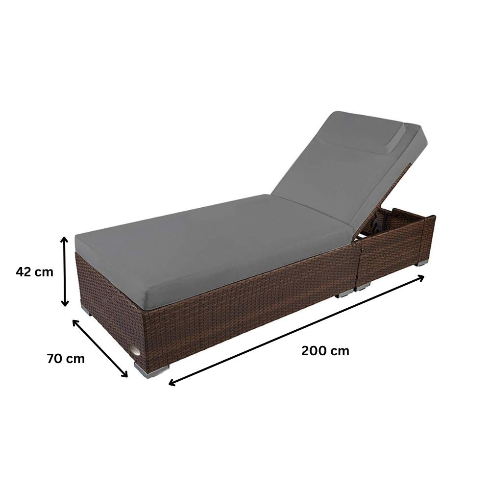 Polyrattan Sonnenliege in Braun mit grauer Auflage, Maße ca. 200 x 70 x 42 cm, verstellbare Rückenlehne, komfortable Gartenliege für Terrasse, Balkon und Poolbereich