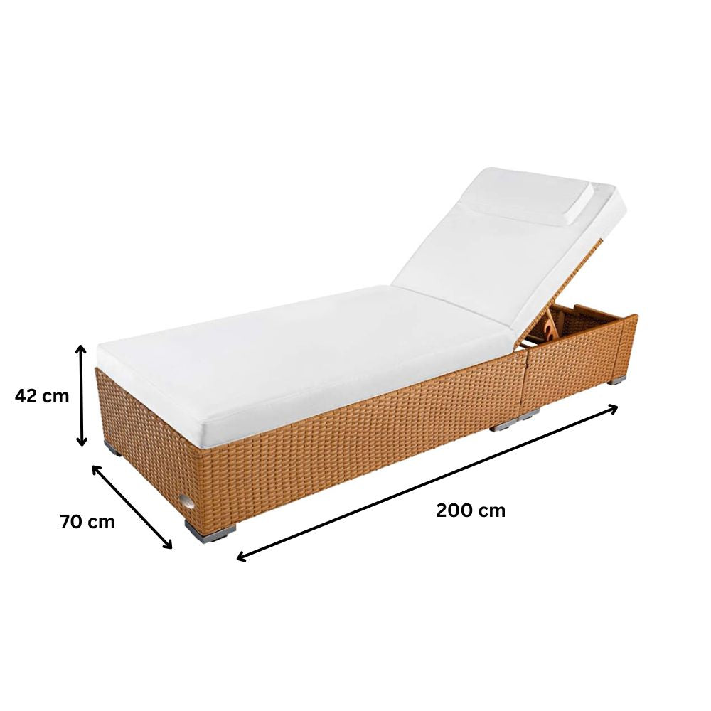 Polyrattan Sonnenliege in Natur mit Auflage und verstellbarer Rückenlehne, Maße 200 x 70 x 42 cm, wetterfeste Gartenliege für Terrasse, Balkon und Poolbereich