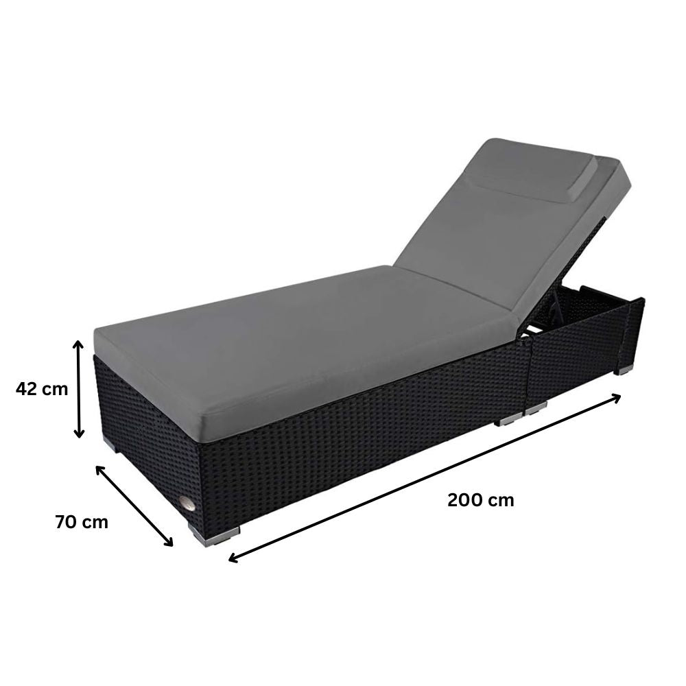 Polyrattan Sonnenliege in Schwarz mit grauer Auflage, Maße ca. 200 x 70 x 42 cm, verstellbare Rückenlehne, wetterfeste Gartenliege für Terrasse, Balkon und Poolbereich
