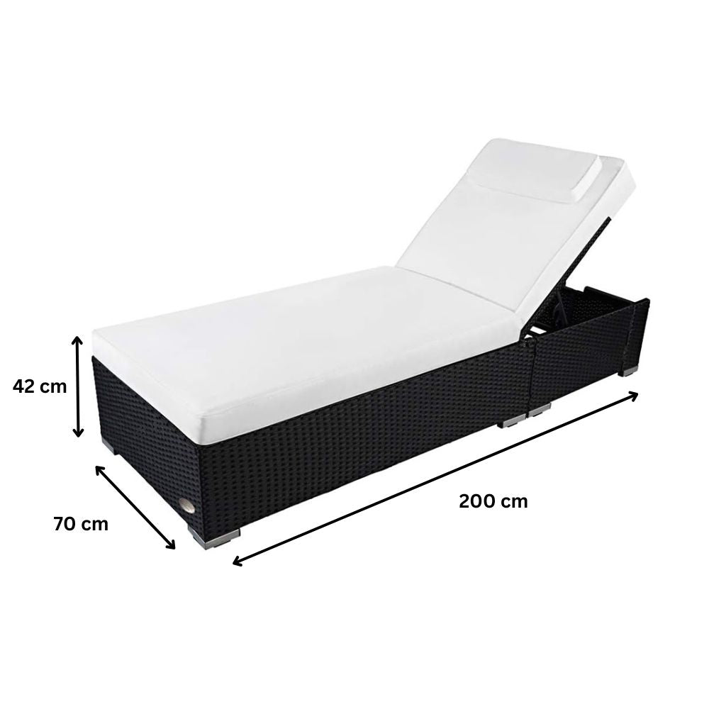 Polyrattan Sonnenliege in Schwarz mit Auflage und verstellbarer Rückenlehne, Maße 200 x 70 x 42 cm, stabile Gartenliege für Terrasse und Balkon