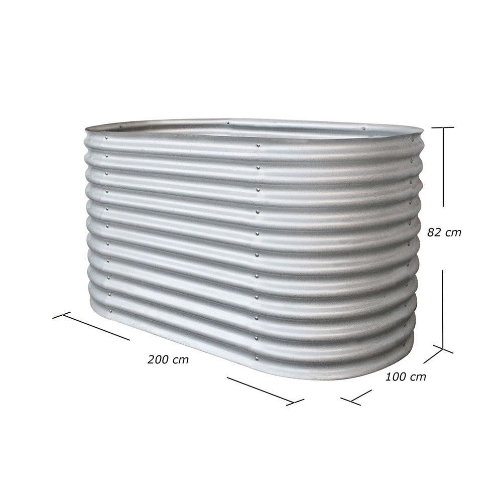 Ovales Hochbeet mit Maßangaben: 200 × 100 × 82 cm, freigestellt vor weißem Hintergrund.
