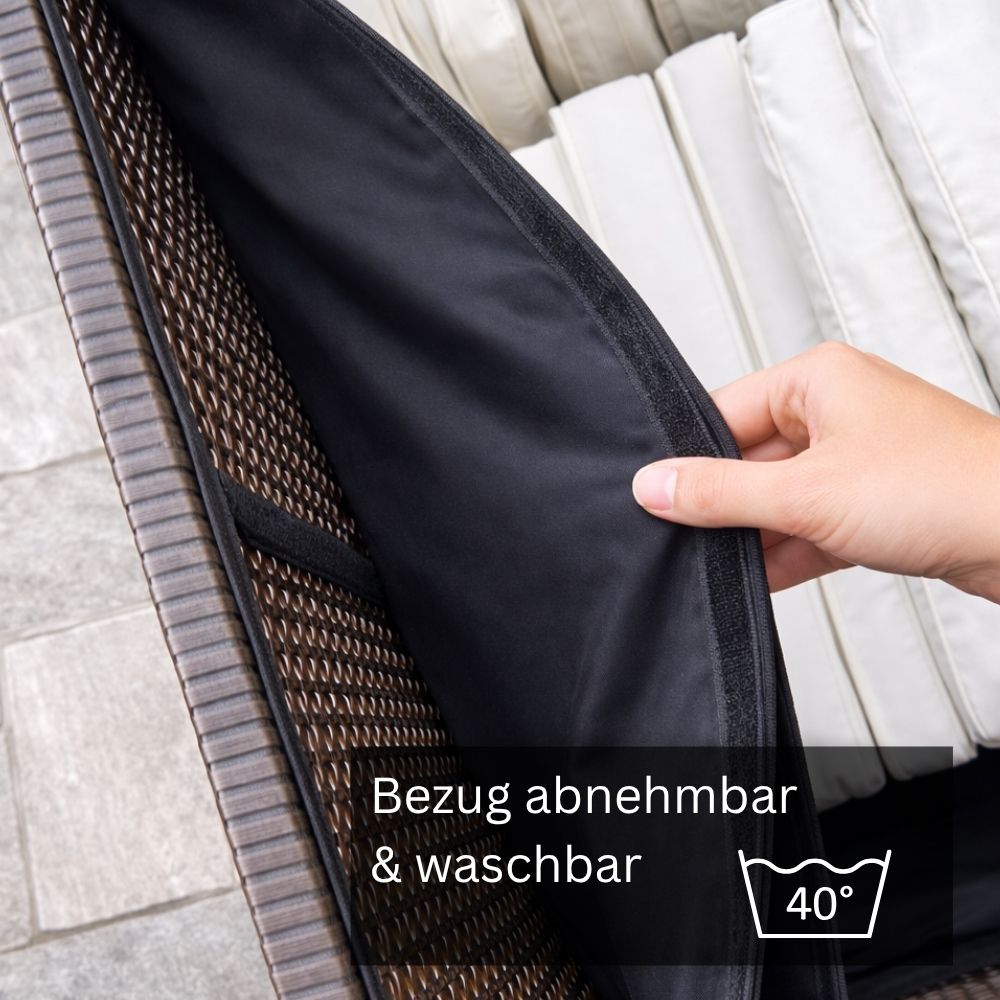 Abnehmbarer und bei 40 Grad waschbarer Innenbezug der braunen Polyrattan Gartenbox mit Reißverschluss zum Schutz von Gartenauflagen und Sitzkissen.