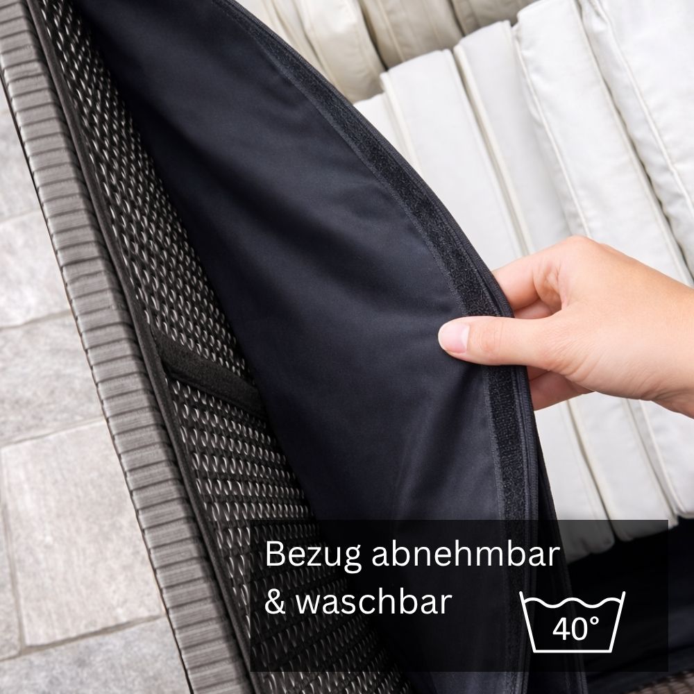 Abnehmbarer und waschbarer Innenbezug der grauen Polyrattan-Auflagenbox mit Reißverschluss zum Schutz von Gartenauflagen und Sitzkissen.