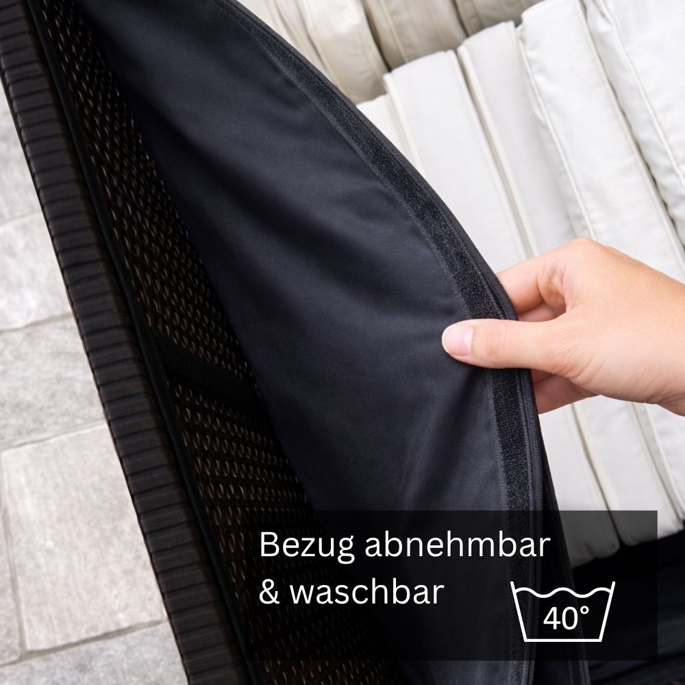 Abnehmbarer und waschbarer Innenbezug der schwarzen Polyrattan-Auflagenbox mit Reißverschluss zum Schutz von Gartenauflagen und Sitzkissen.