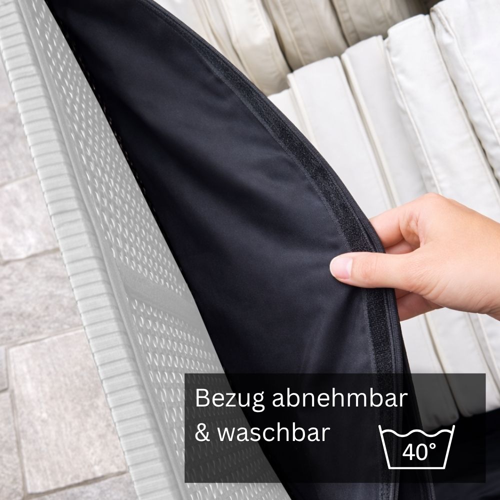 Abnehmbarer und waschbarer Innenbezug der weißen Polyrattan-Auflagenbox mit Reißverschluss zum Schutz von Gartenauflagen und Sitzkissen.