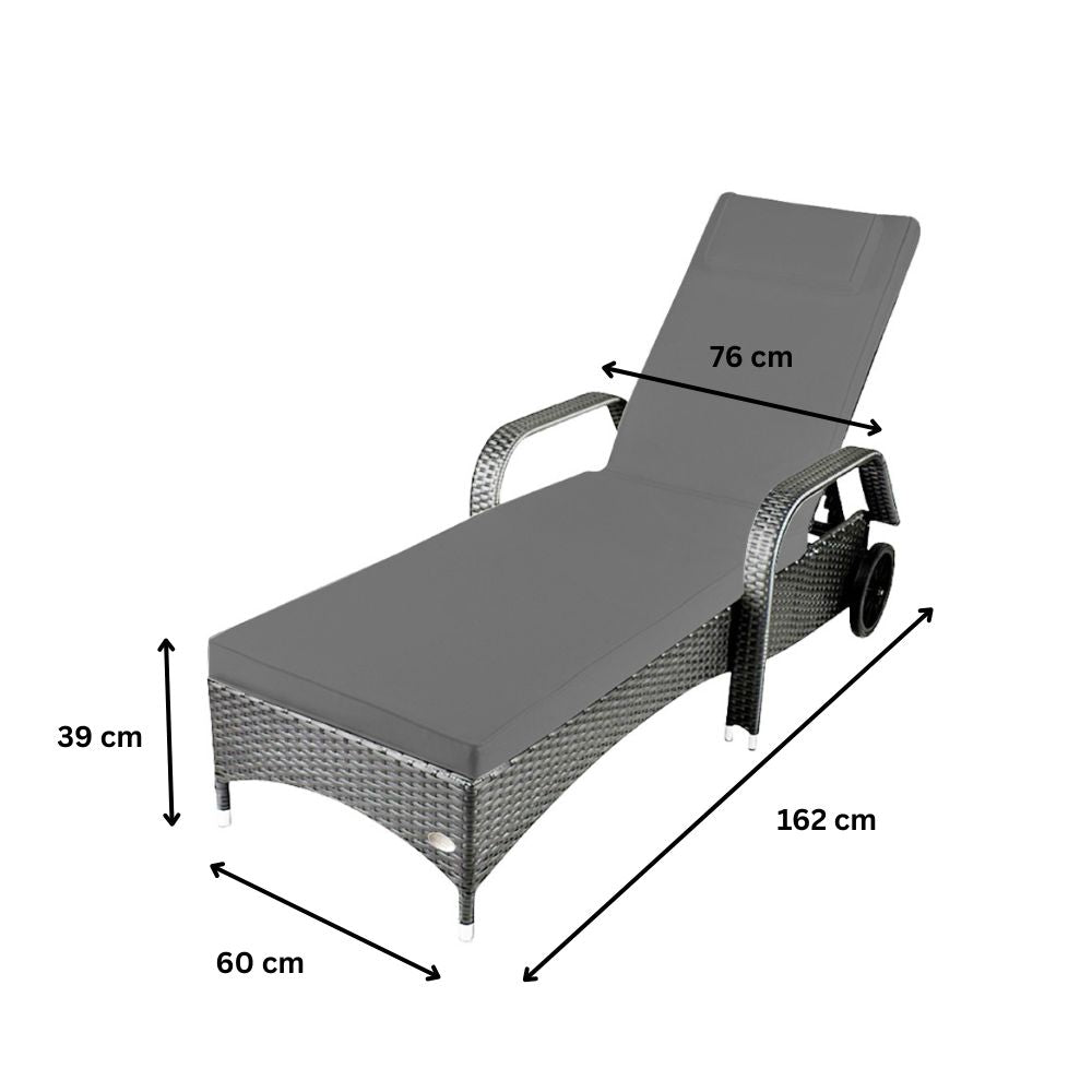 Maße der Polyrattan Sonnenliege: 162 cm lang, 60 cm breit und 39 cm hoch