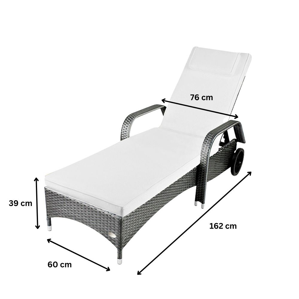 Maße der Sonnenliege: 162 cm Länge, 60 cm Breite und 39 cm Höhe, Rückenlehne verstellbar