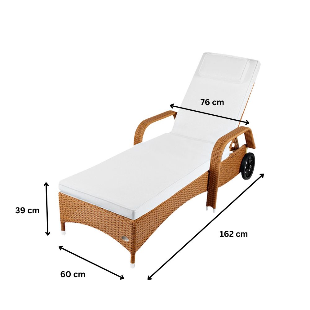 Maße der Sonnenliege: 162 cm Länge, 60 cm Breite, 39 cm Höhe, Rückenlehne mehrfach verstellbar