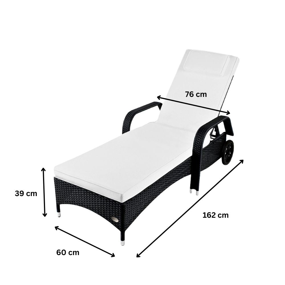 Polyrattan Sonnenliege schwarz mit Auflage, Maße 162 x 60 x 39 cm, Rückenlehne verstellbar