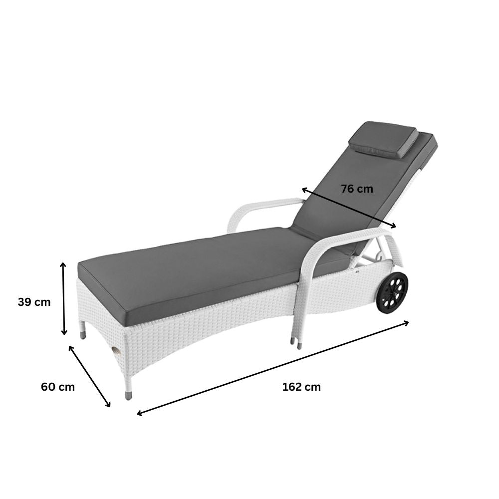 Maße der Sonnenliege: 162 cm Länge, 60 cm Breite, 39 cm Höhe, Rückenlehne mehrfach verstellbar