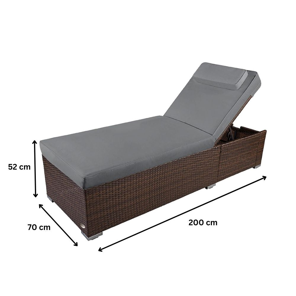 Maße der braunen Polyrattan Sonnenliege, 200 x 70 x 52 cm, erhöhte Gartenliege mit stabiler Konstruktion