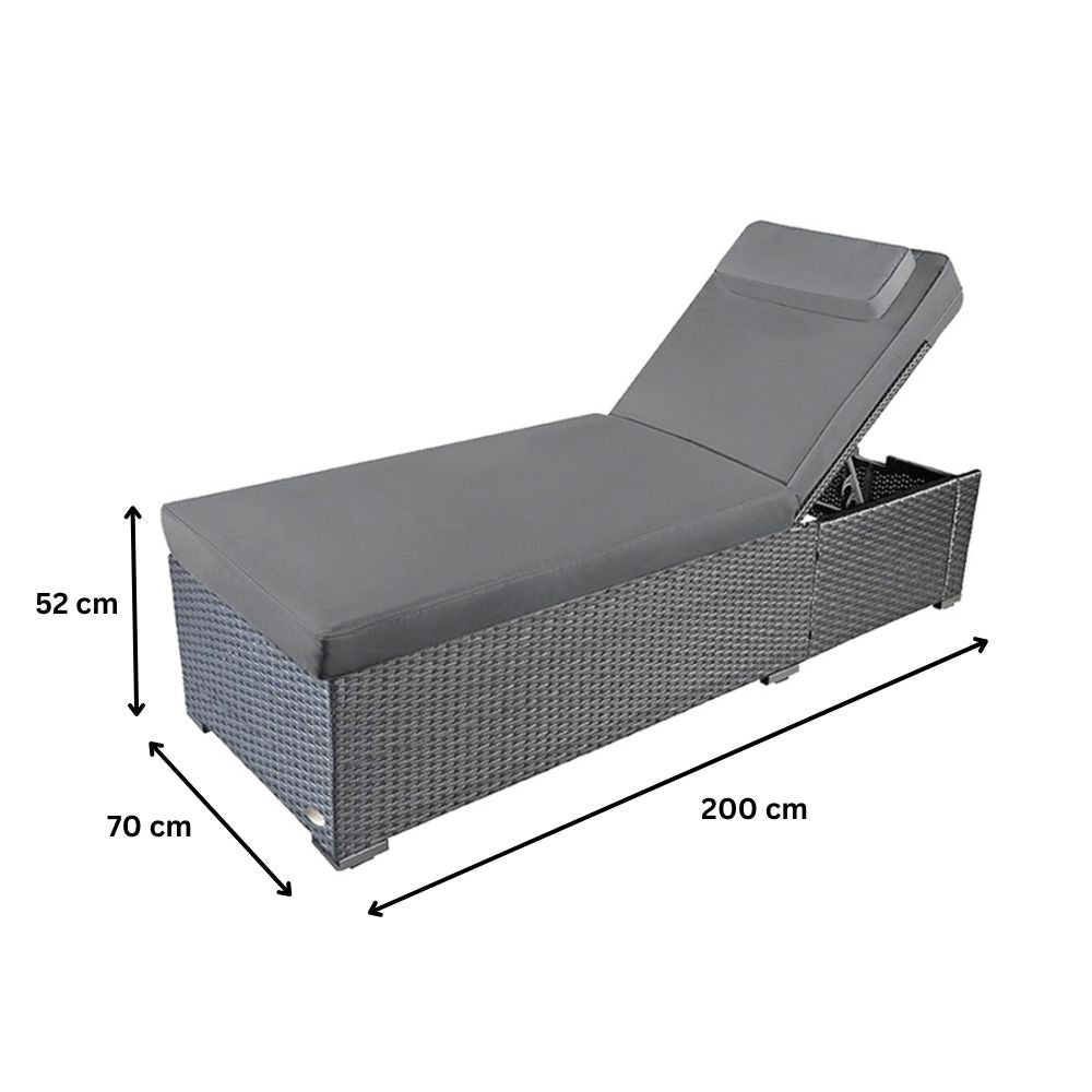 Maße der grauen Polyrattan Sonnenliege, 200 x 70 x 52 cm, erhöhte Gartenliege mit stabiler Konstruktion
