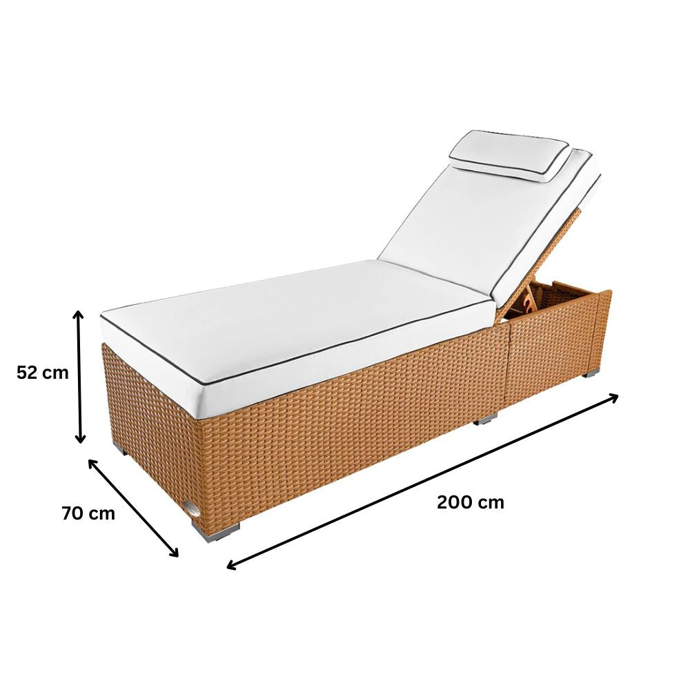 Maße der Sonnenliege natur aus Polyrattan, 200 x 70 x 52 cm, stabile erhöhte Gartenliege
