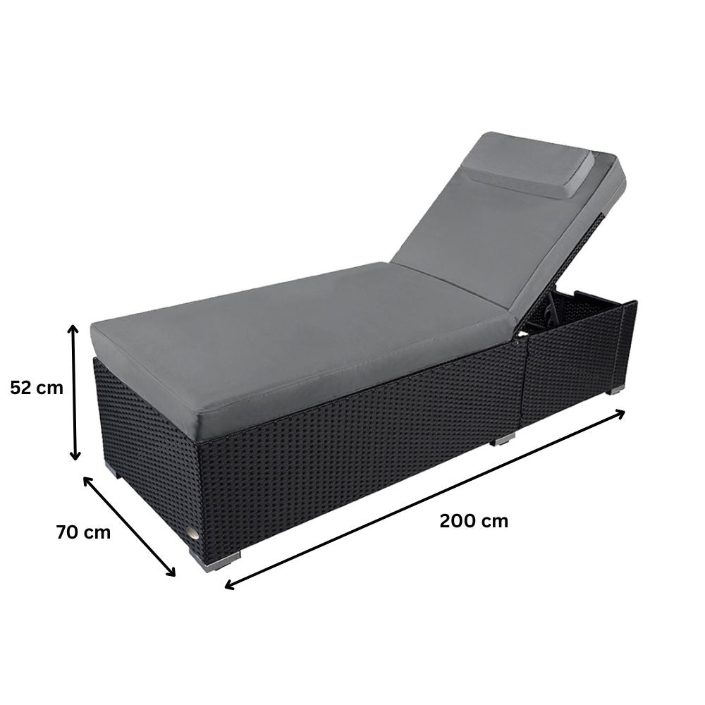 Maße der schwarzen Polyrattan Sonnenliege, 200 x 70 x 52 cm, erhöhte Gartenliege mit stabiler Bauweise