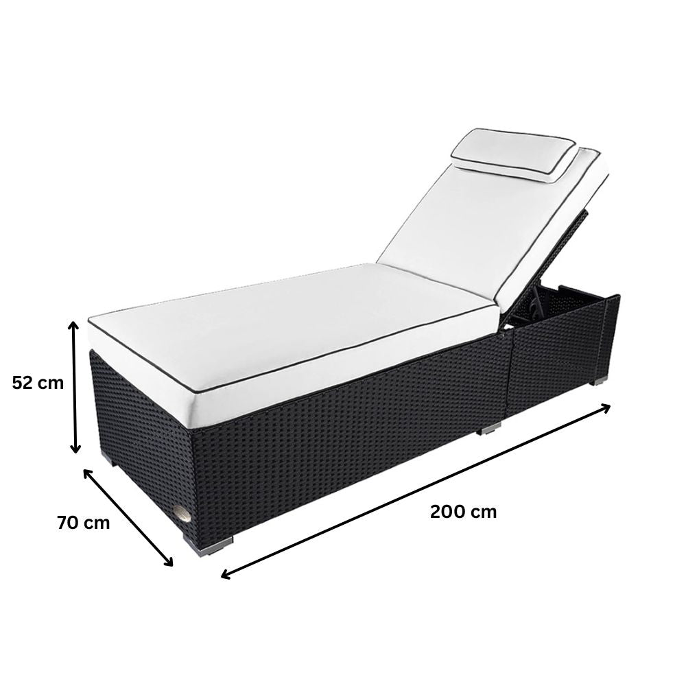 Maße der schwarzen Sonnenliege aus Polyrattan, 200 x 70 x 52 cm, stabile erhöhte Gartenliege