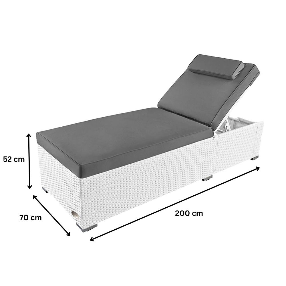 Maße der weißen Polyrattan Sonnenliege, 200 x 70 x 52 cm, erhöhte Gartenliege mit stabiler Konstruktion
