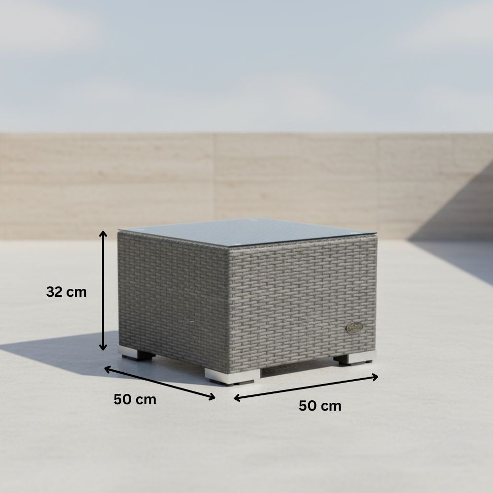 Grauer Polyrattan Beistelltisch mit Glasplatte und Maßen von 50 x 50 x 32 cm für Garten, Balkon und Terrasse