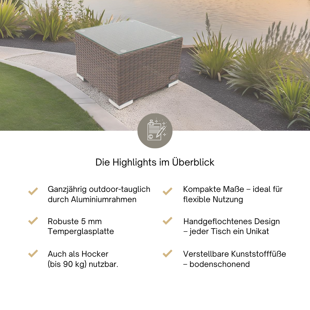 Brauner Rattan-Beistelltisch mit Glasplatte von RS Trade, outdoor-tauglich und vielseitig nutzbar.