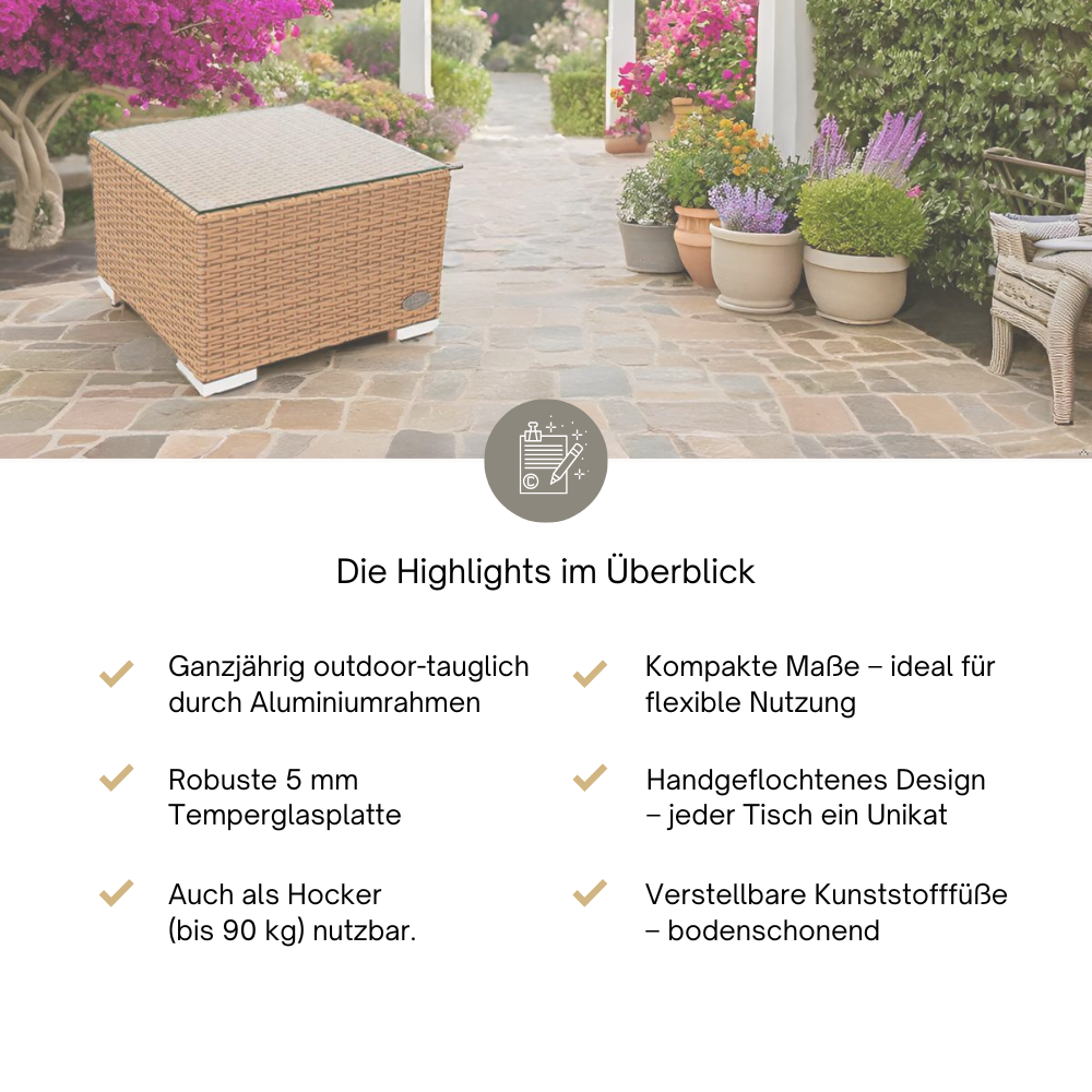 Naturfarbener Rattantisch von RS Trade auf Terrasse, mit Text zu Funktionen wie Alurahmen und Glasplatte