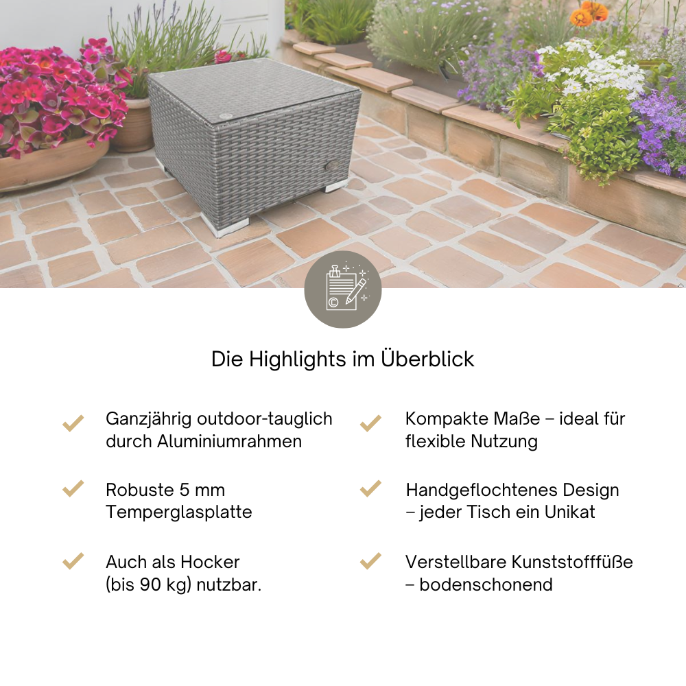 RS Trade Beistelltisch aus Rattan auf Terrasse, darunter Text mit Highlights zu Material und Nutzung. Grau.