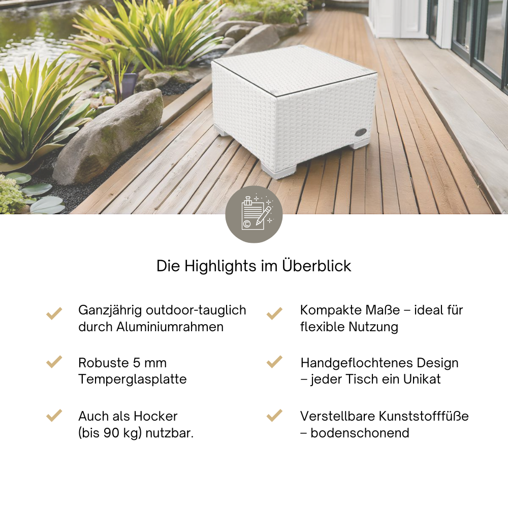 Weißer Rattan-Beistelltisch von RS Trade auf Holzterrasse, darunter Highlights zur Produktbeschreibung.