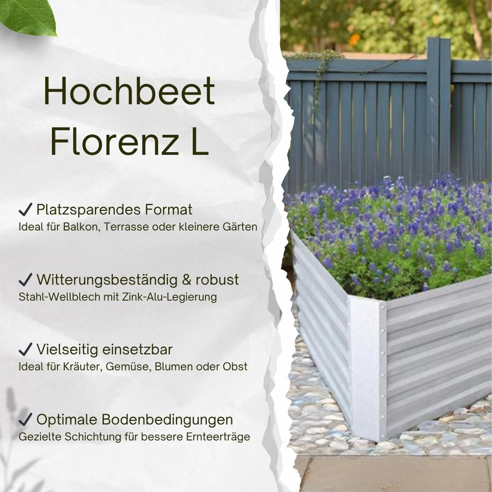 Infografik mit Vorteilen des Hochbeets Florenz L, daneben bepflanztes Beet mit Lavendel.