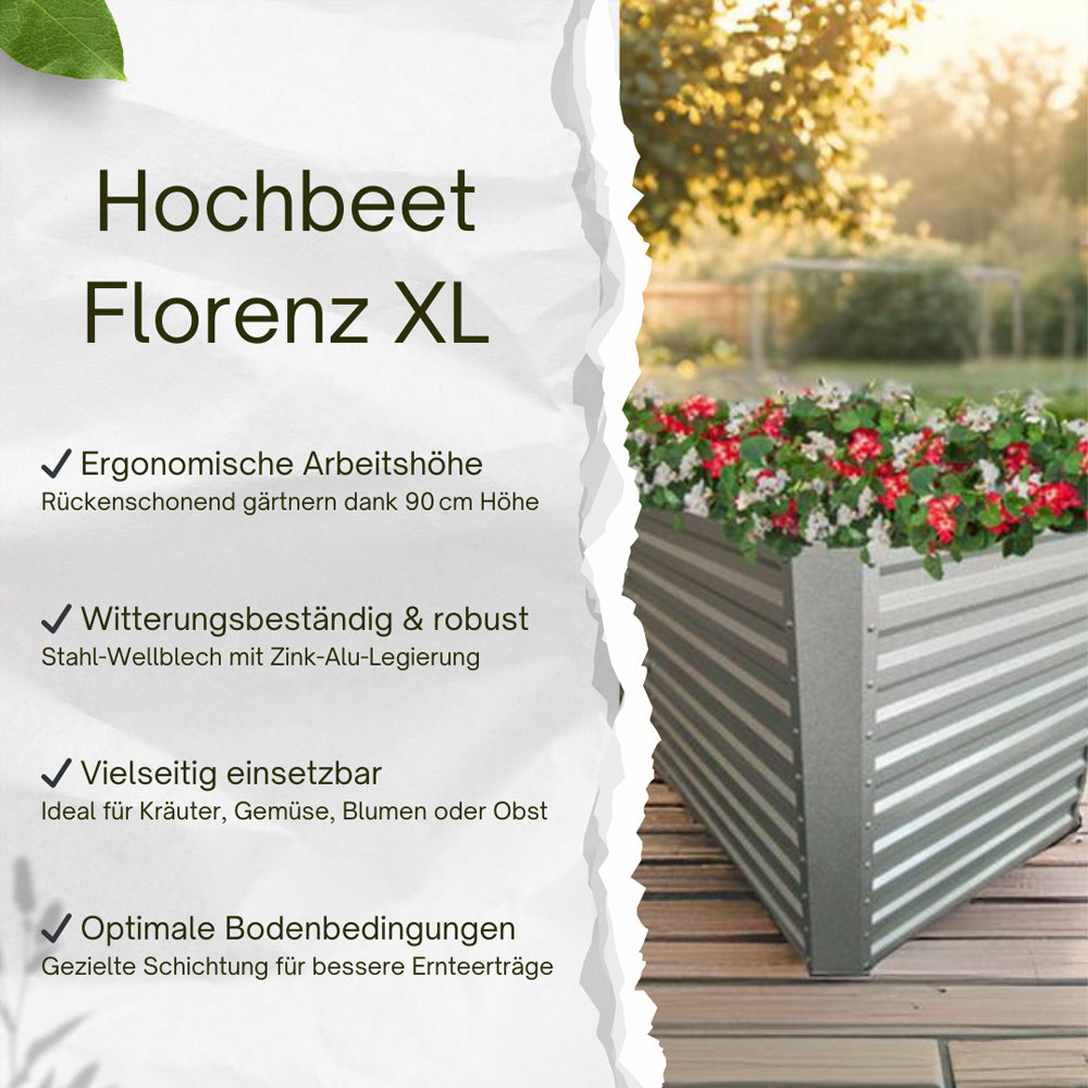 Produktgrafik mit Vorteilen des Hochbeets Florenz XL wie Ergonomie und Wetterbeständigkeit.