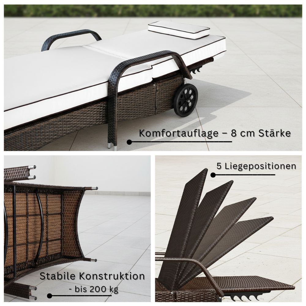 Detailansicht braune Sonnenliege mit 8 cm Komfortauflage, stabile Konstruktion bis 200 kg und 5-fach verstellbare Rückenlehne