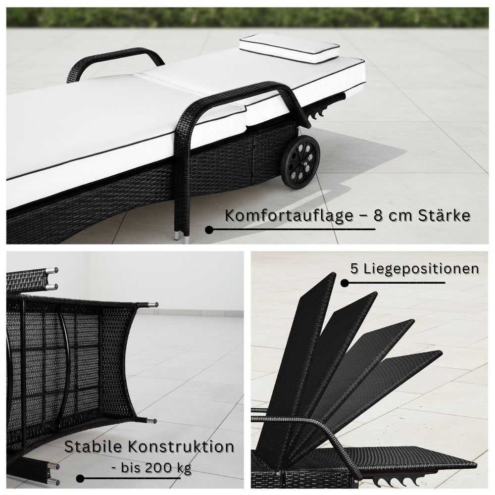 Detailansicht schwarze Sonnenliege mit 8 cm Komfortauflage, stabil bis 200 kg und 5-fach verstellbarer Rückenlehne