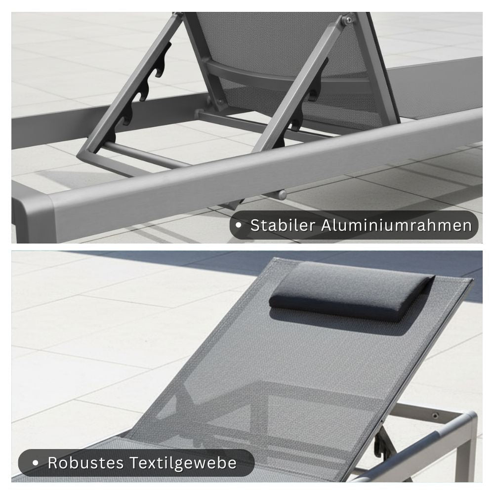 Details der Sonnenliege mit stabilem Aluminiumrahmen und robuster Textilbespannung für langlebigen Outdoor-Einsatz