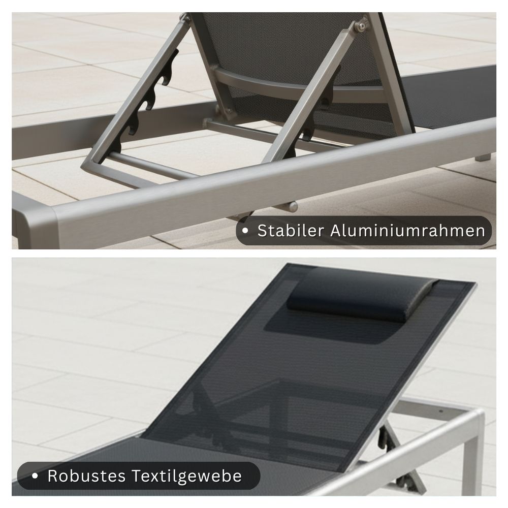 Detailansicht der Sonnenliege mit stabilem Aluminiumrahmen und robuster, luftdurchlässiger Textilbespannung