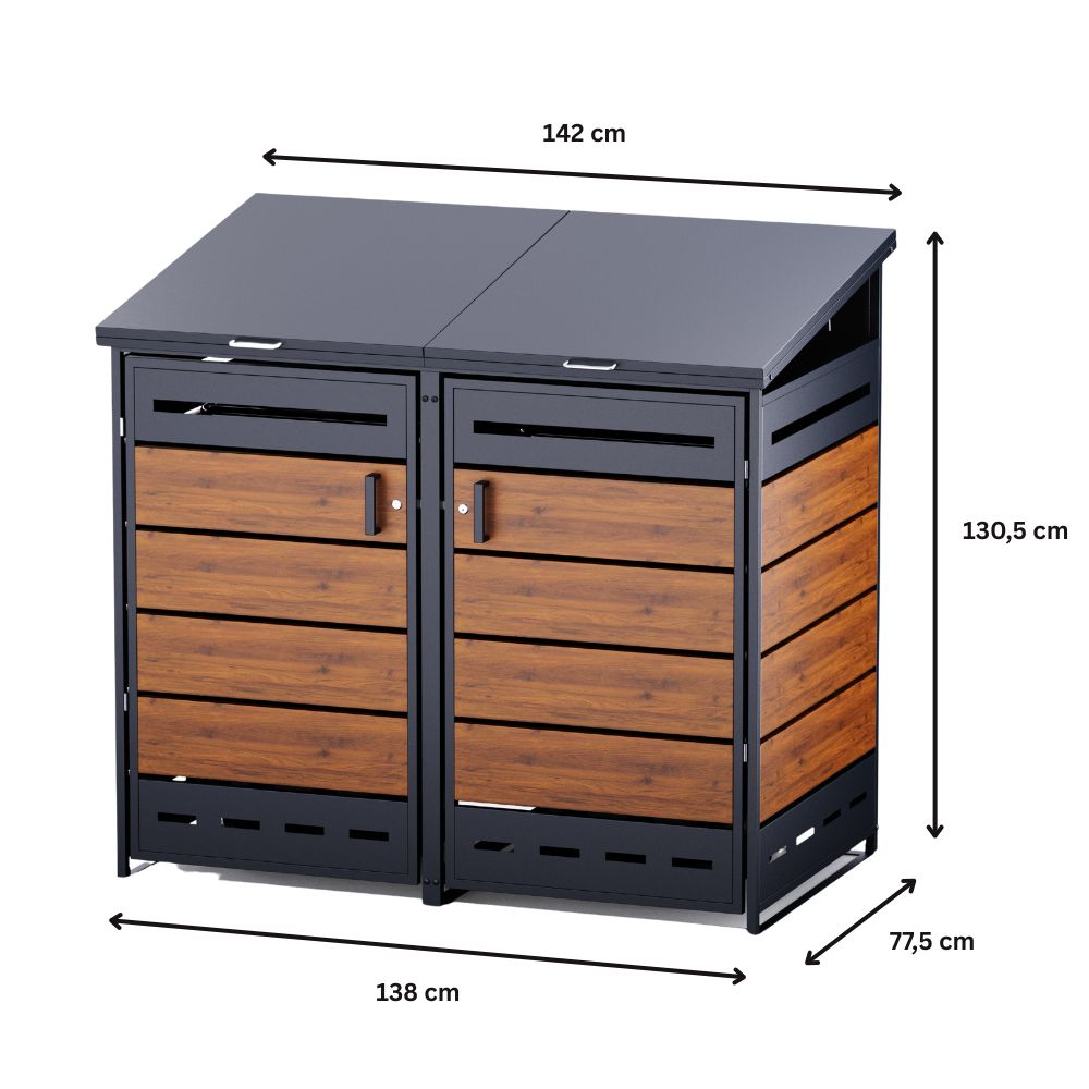 2er Mülltonnenbox aus Metall in Holzoptik mit Maßen 142 × 77,5 × 130,5 cm für zwei Mülltonnen bis 240 Liter.