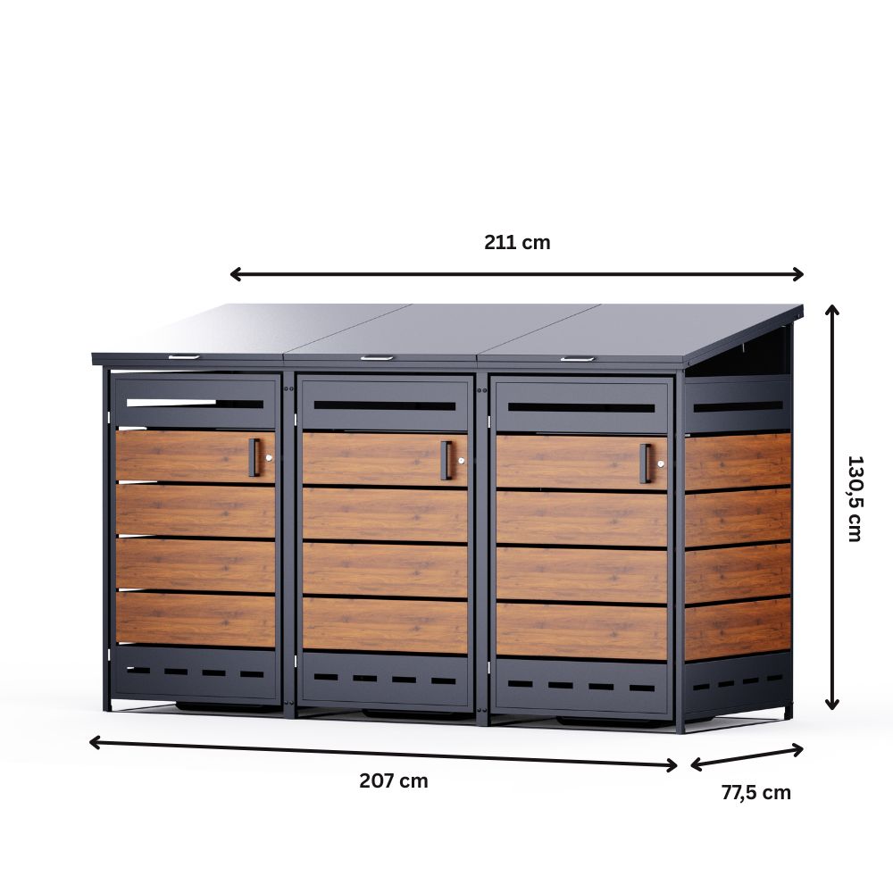 3er Mülltonnenbox aus Metall in Holzoptik mit Maßen 211 × 77,5 × 130,5 cm für drei Mülltonnen bis 240 Liter.