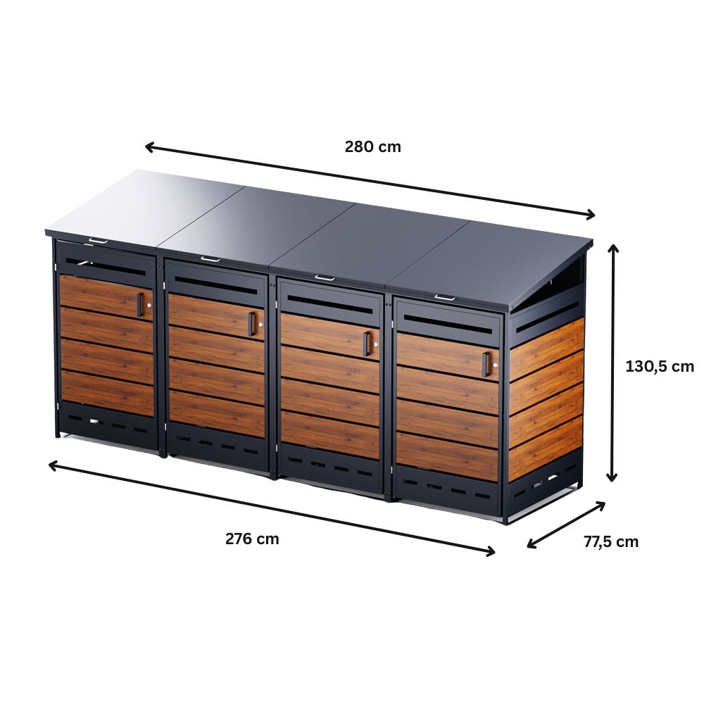 4er Mülltonnenbox aus Metall in Holzoptik mit Maßen 280 × 77,5 × 130,5 cm für vier Mülltonnen bis 240 Liter.