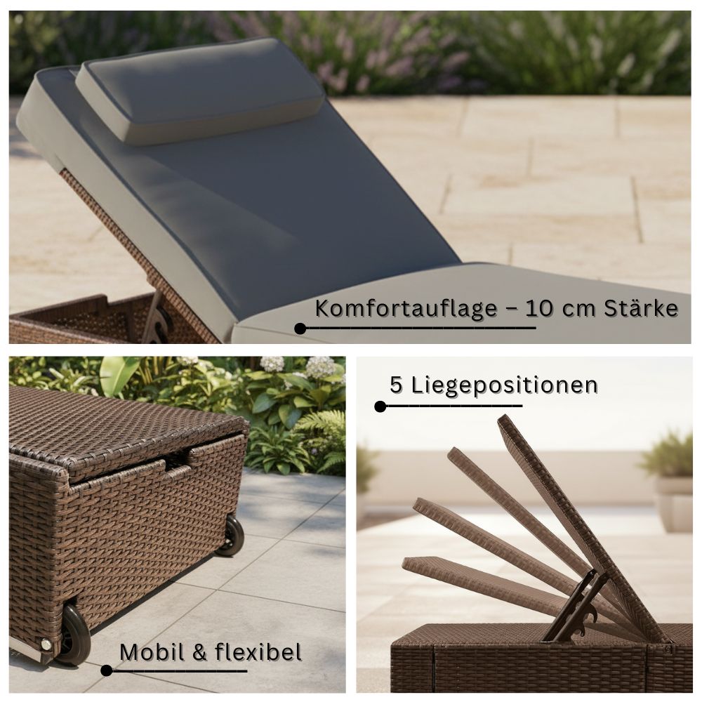 Polyrattan Sonnenliege Detailansicht mit 10 cm dicker Komfortauflage, 5 verstellbaren Liegepositionen und integrierten Rollen für mobilen Einsatz im Garten oder auf der Terrasse