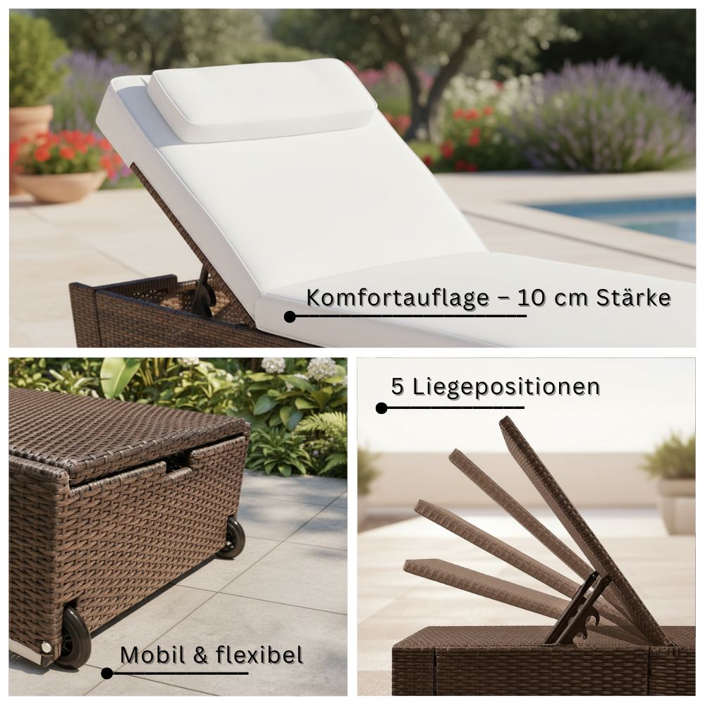 Detailansichten der Polyrattan Sonnenliege in Braun mit 10 cm Komfortauflage, 5-fach verstellbarer Rückenlehne und Rollen für flexible Nutzung im Garten