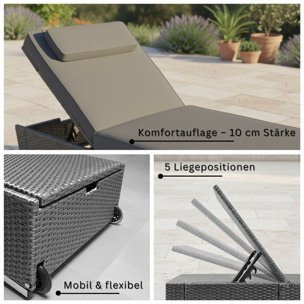 Gartenliege aus Polyrattan mit 10 cm starker Komfortauflage und 5 Liegepositionen, mobil und flexibel durch Rollen für bequemen Transport.