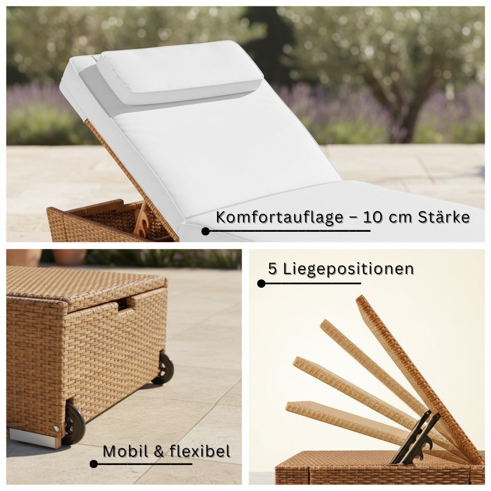 Detailansichten der Polyrattan Sonnenliege in Natur mit 10 cm dicker Komfortauflage, 5-fach verstellbarer Rückenlehne und Rollen für mobilen Einsatz, wetterfeste Gartenliege für Terrasse und Balkon
