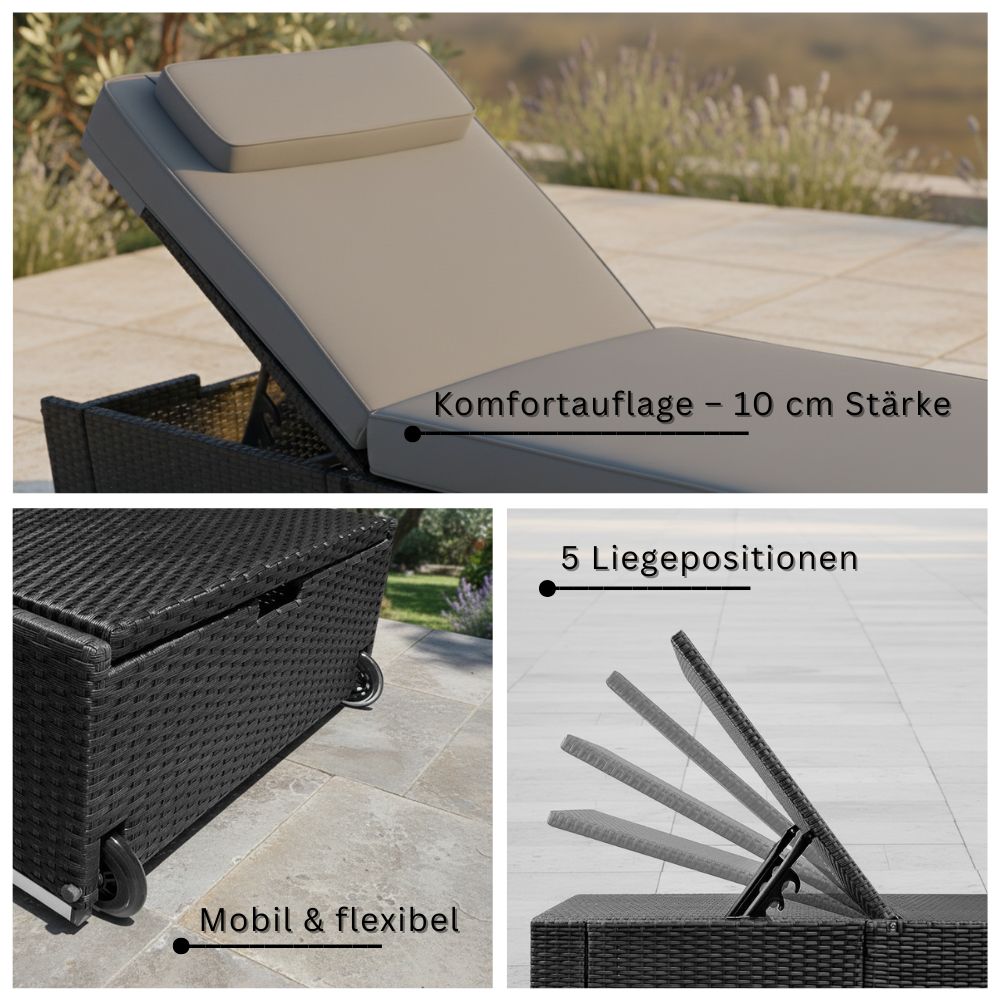 Polyrattan Sonnenliege in Schwarz Detailansicht mit 10 cm dicker Komfortauflage, 5 verstellbaren Liegepositionen und integrierten Rollen für flexiblen Einsatz im Garten oder auf der Terrasse