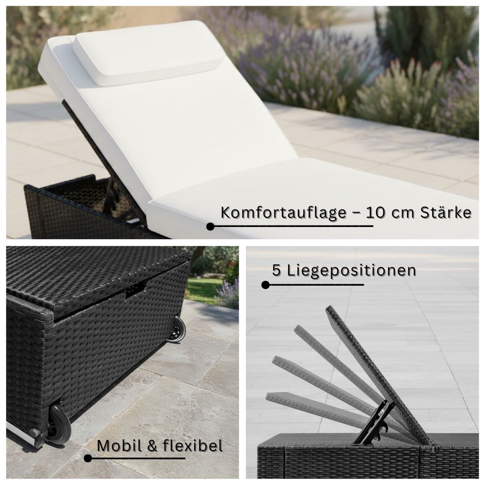 Detailansichten der Polyrattan Sonnenliege in Schwarz mit 10 cm Komfortauflage, 5-fach verstellbarer Rückenlehne und Rollen für flexible Nutzung im Garten