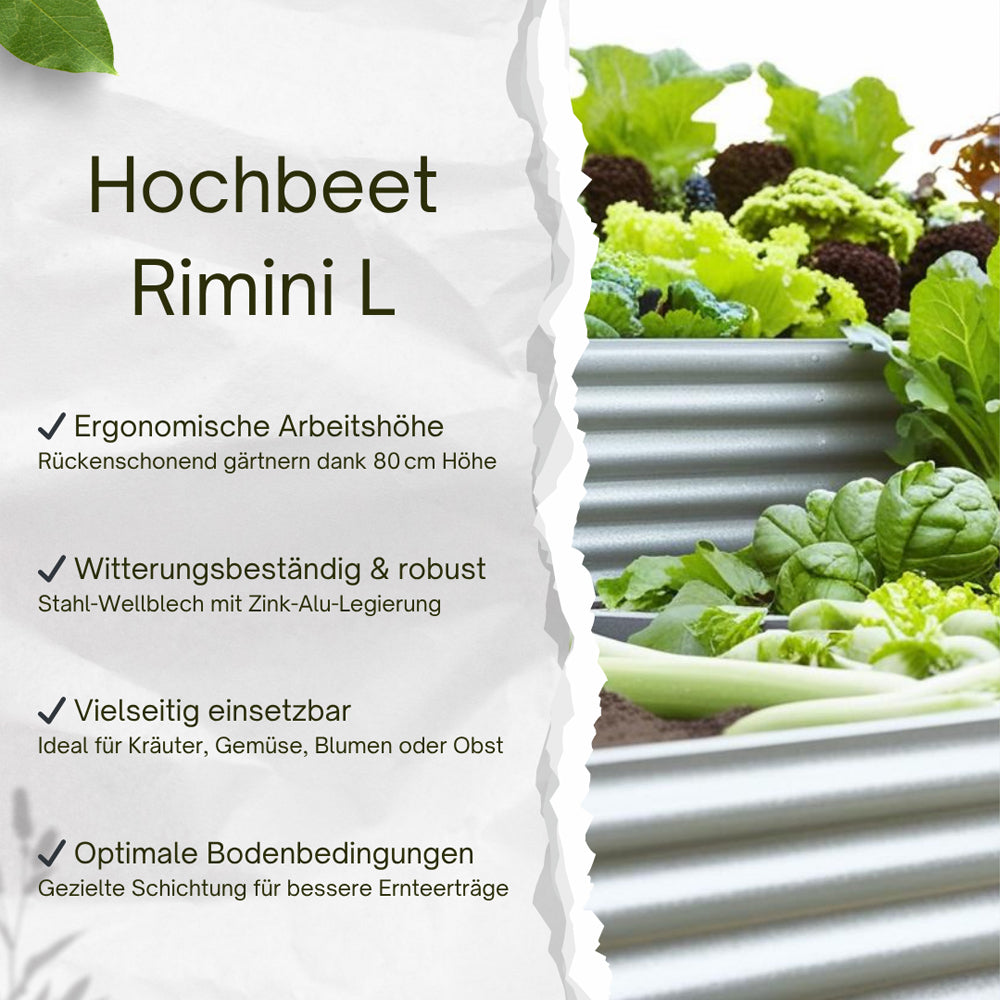 Infografik „Hochbeet Rimini L“ mit Vorteilen wie Rückenschonung und Wetterbeständigkeit.