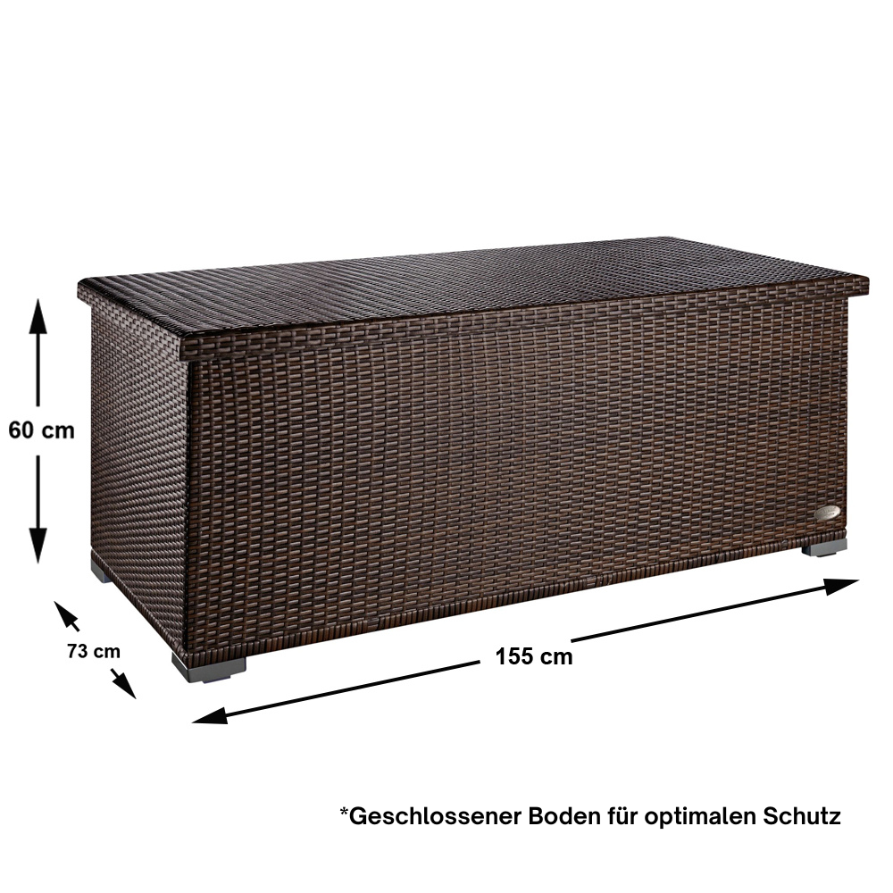 Rechteckige Aufbewahrungsbox in brauner Rattan-Optik mit geschlossenem Deckel. Angezeigt werden die Maße: 155 cm breit, 73 cm tief, 60 cm hoch. Darunter der Hinweis: Geschlossener Boden für optimalen Schutz.