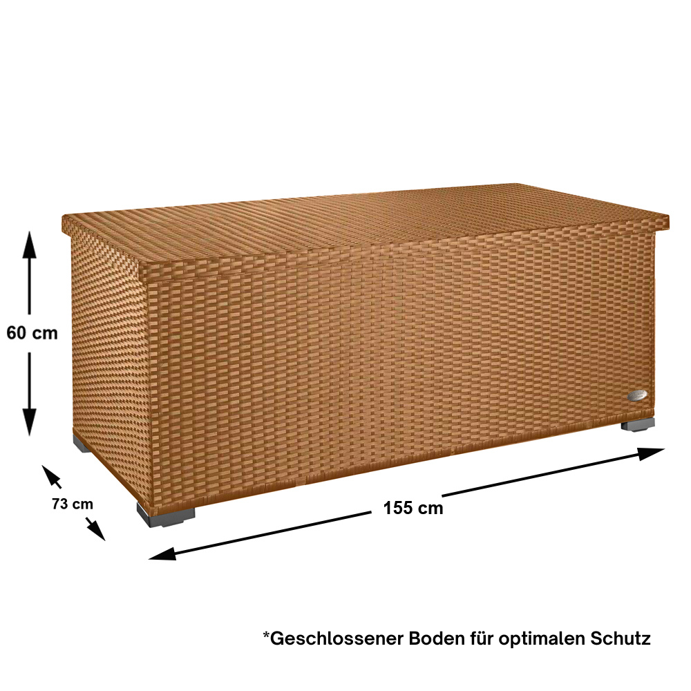 Rechteckige Aufbewahrungsbox in beiger Rattan-Optik mit geschlossenem Deckel. Angezeigt werden die Maße: 155 cm breit, 73 cm tief, 60 cm hoch. Darunter der Hinweis: Geschlossener Boden für optimalen Schutz.