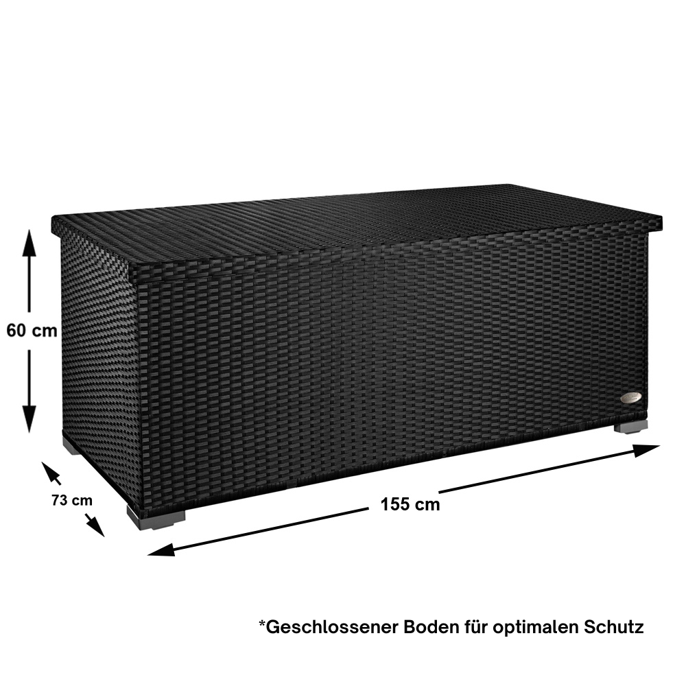 Rechteckige Aufbewahrungsbox in schwarzer Rattan-Optik mit geschlossenem Deckel. Angezeigt werden die Maße: 155 cm breit, 73 cm tief, 60 cm hoch. Darunter der Hinweis: Geschlossener Boden für optimalen Schutz.