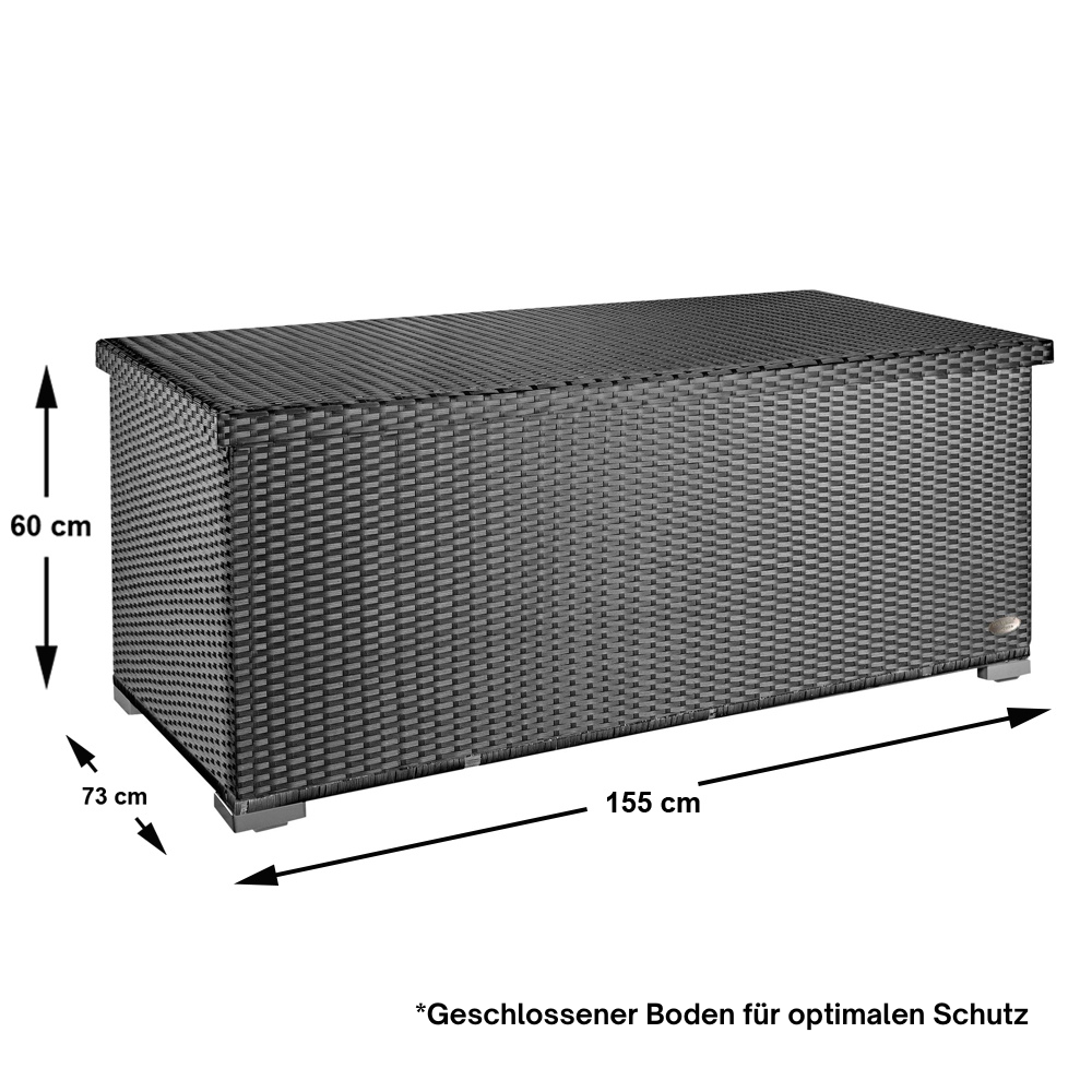 Rechteckige Aufbewahrungsbox in silber/grauer Rattan-Optik mit geschlossenem Deckel. Angezeigt werden die Maße: 155 cm breit, 73 cm tief, 60 cm hoch. Darunter der Hinweis: Geschlossener Boden für optimalen Schutz.