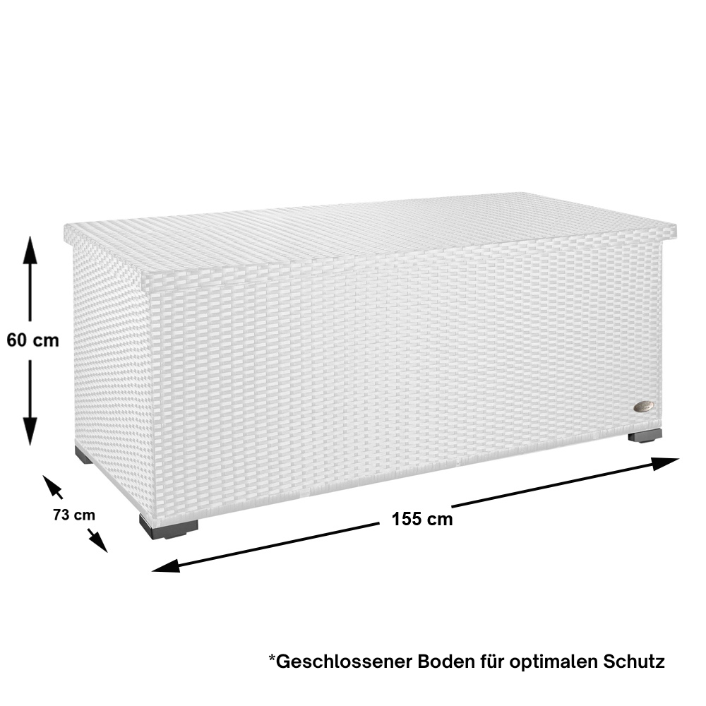 Rechteckige Aufbewahrungsbox in weißer Rattan-Optik mit geschlossenem Deckel. Angezeigt werden die Maße: 155 cm breit, 73 cm tief, 60 cm hoch. Darunter der Hinweis: Geschlossener Boden für optimalen Schutz.