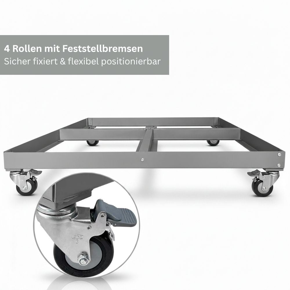 Rollbarer Sonnenschirmständer mit vier Lenkrollen und Feststellbremsen für flexible Positionierung und sicheren Stand
