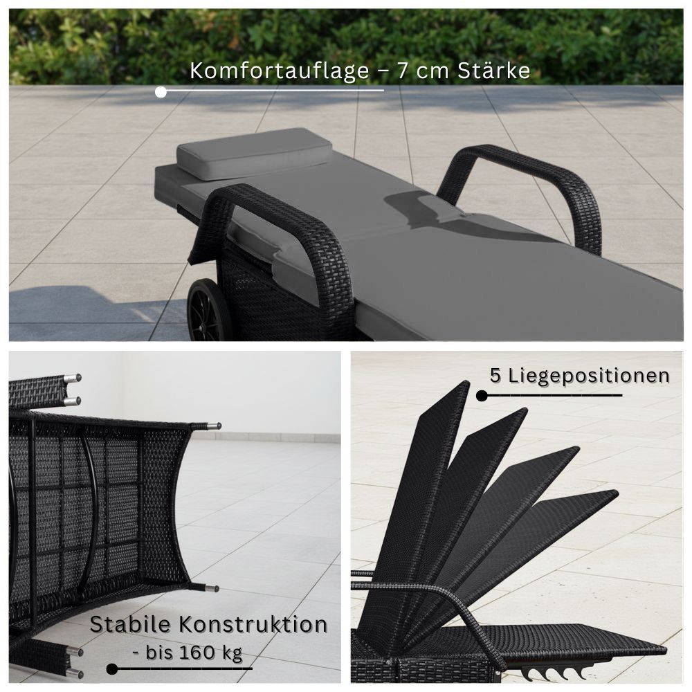 Polyrattan Sonnenliege schwarz mit grauer Auflage im Garten auf Terrasse mit verstellbarer Lehne