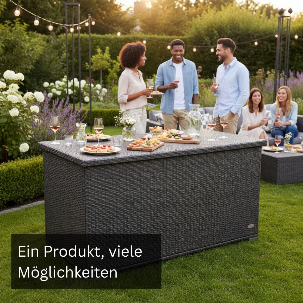 Graue Garten-Auflagenbox aus Polyrattan als Aufbewahrungsbox und Terrassentisch mit stabiler Deckeloberfläche für Garten und Terrasse.